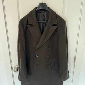 DKNY Men's Double-Breasted winter Pea Coat - Dark Olive
